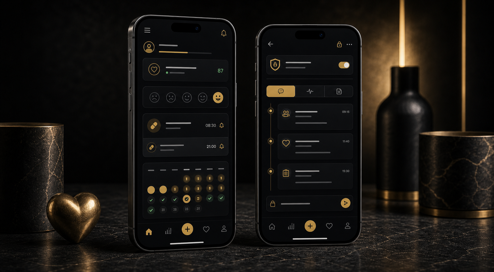 Native care companion app screens on smartphones